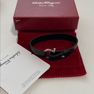 Vintage Salvatore Ferragamo Black and Silver Leather Bracelet